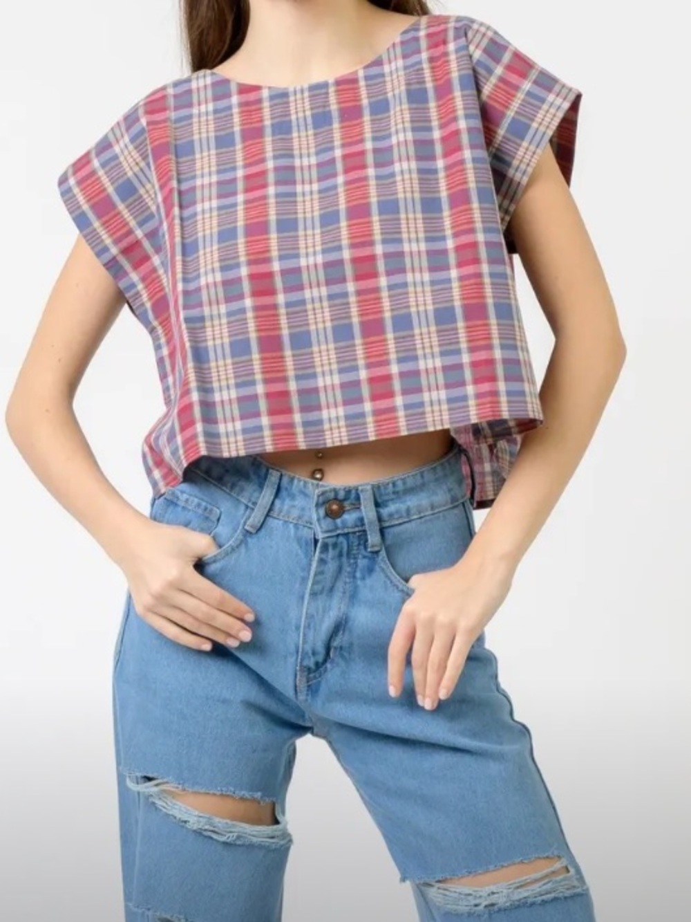 Rhea Pink & Blue Checked Vigo Crop Top – S/M – NWT